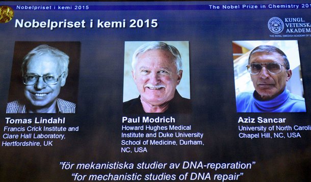 O sueco Tomas Lindahl, o norte-americano Paul Modrich e o turco Aziz Sancar ganharam o prêmio Nobel de Química de 2015 por seu trabalho em mapear como as células recuperam DNA danificado, em uma descoberta importante para tratamentos de câncer; "O trabalho deles providenciou conhecimento fundamental sobre como é e funciona uma célula viva, por exemplo, usada no desenvolvimento de novos tratamentos contra câncer", informou a Academia Real Sueca de Ciências