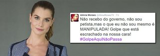 A atriz, que já participou de várias novelas da Rede Globo, disse pelo Twitter ser contra o impeachment da presidente Dilma, mesmo não sendo petista; "Eu sou contra o impeachment, e não há nenhum discurso golpista e nem o ódio da massa que irá me convencer do contrário! #SouPelaDemocracia", escreveu; "Não recebo do governo, não sou petista,mas o que eu não sou mesmo é MANIPULADA! Golpe que está escrachado na nossa cara! #GolpeAquiNãoPassa", completou a atriz