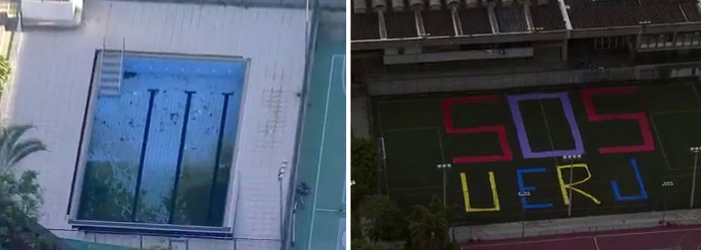 Em uma quadra esportiva ao lado da Universidade Estadual do Rio de Janeiro (Uerj) foi possível encontrar a mensagem "SOS UERJ", um apelo para a grave situação financeira da universidade; o início das aulas foi adiado duas vezes em consequência da crise no Estado do Rio e da falta de repasses para a instituição; as aulas estão previstas para recomeçarem no dia 30 de janeiro; a piscina da universidade está aparentemente abandonada, um perigo à proliferação de focos do Aedes Aegypti, que transmite doenças como a dengue, zika e chikungunya