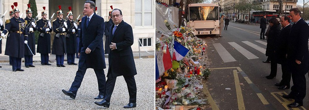 Primeiro-ministro britânico, David Cameron, escreveu, em sua conta na rede social Twitter, que esteve “lado a lado” com o chefe de Estado francês, publicando uma fotografia de ambos, na sala de espetáculos parisiense alvo dos atentados terroristas de 13 de novembro, que deixaram 130 mortos; depois de prestar homenagem às vítimas do Bataclan, os líderes seguiram para o Palácio do Eliseu, para discutir a luta contra o terrorismo e a situação da Síria após os atentados de Paris