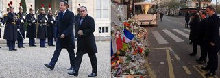 Primeiro-ministro britânico, David Cameron, escreveu, em sua conta na rede social Twitter, que esteve “lado a lado” com o chefe de Estado francês, publicando uma fotografia de ambos, na sala de espetáculos parisiense alvo dos atentados terroristas de 13 de novembro, que deixaram 130 mortos; depois de prestar homenagem às vítimas do Bataclan, os líderes seguiram para o Palácio do Eliseu, para discutir a luta contra o terrorismo e a situação da Síria após os atentados de Paris