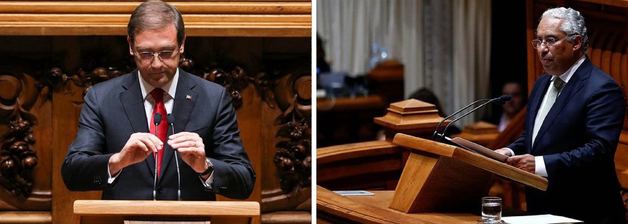 Governo do primeiro-ministro Pedro Passos Coelho (PSD) (à esquerda) foi dissolvido nesta terça-feira, 10, em Portugal, com 123 votos a favor e 107 contra; com o resultado, os partidos de esquerda - Partido Socialista, Partido Comunista Português (PCP), Bloco de Esquerda e o Partido Ecologista - formarão novo governo português; expectativa é que o líder do PS, António Costa (à direita), seja o novo premiê do país; Costa afirmou que "aguarda serenamente" a decisão do presidente Aníbal Cavaco Silva, responsável por nomear alguém para formar governo