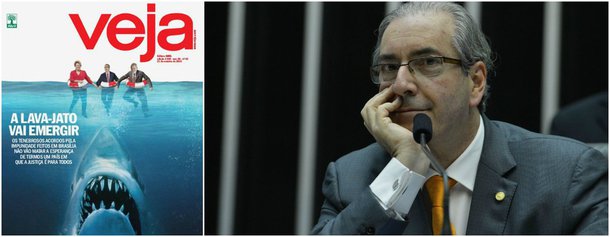 Na semana em que apareceram as assinaturas de Eduardo Cunha em suas contas na Suíça e a procuradoria-geral da República o acusou de esconder um patrimônio de R$ 61 milhões (duas mega-senas acumuladas), Veja tentou igualar a situação de Cunha à do ex-presidente Lula e a da presidente Dilma Rousseff, como se todos estivessem prestes a ser devorados pelo tubarão da Lava Jato; contra Lula, o que surgiu na semana passada foi uma bola fora: a acusação falsa contra seu filho Fábio Luis Lula da Silva; em relação a Dilma, é evidente que ela se fortaleceu depois que o Supremo Tribunal Federal travou o jogo combinado entre Cunha e a oposição; revistas semanais, no entanto, ainda não desistiram do golpe