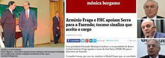 O ex-presidente Fernando Henrique Cardoso passou a defender, segundo informa a colunista Mônica Bergamo, que o senador José Serra assuma o Ministério da Fazenda num governo do vice-presidente Michel Temer; o curioso, no entanto, é que ele acaba de lançar um livro, chamado Diários da Presidência, em que explica por que sempre manteve Serra distante da Fazenda, nos oito anos em que foi presidente; "Eu lhe disse, com toda a franqueza, que só via duas maneiras de ele entrar para o Ministério da Fazenda: ou provocando uma crise, porque a sua entrada provocaria a crise, ou depois de uma crise, para solucionar um impasse”, escreveu FHC; Temer prefere Henrique Meirelles na Fazenda e Serra na Educação