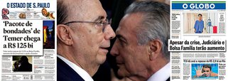 Veículos de comunicação que embalaram o impeachment como um processo para estancar o rombo fiscal que teria sido criado pela administração da presidente Dilma Rousseff já começam a se dar conta de que foram ludibriados; manchete do Estado de S. Paulo informa que o "pacote de bondades" de Michel Temer soma R$ 125 bilhões; Globo condena aumentos para o Judiciário e para o Bolsa Família "apesar da crise"; como Temer não pode aplicar sua "ponte para o futuro" enquanto é interino, ele gasta para agradar aliados e consolidar o impeachment no Senado – um processo que deixará uma conta de mais de R$ 100 bilhões; depois disso é que virão remédios amargos como a volta da CPMF e uma proposta de aposentadoria aos 70 anos para novas gerações (acima da expectativa de vida em vários estados do País)