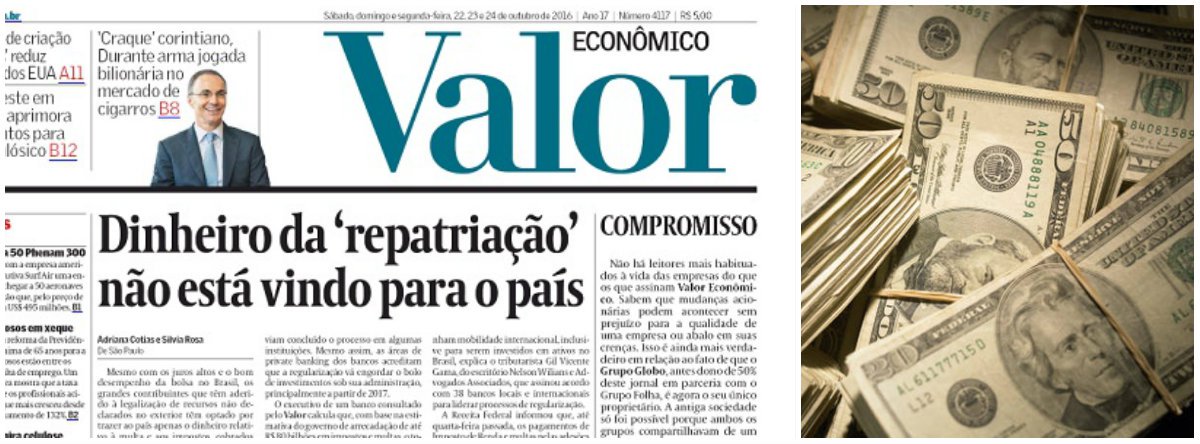 "A manchete de hoje do Valor mostra que a tão badalada 'repatriação de capitais' tem se limitado, grosso modo, à repatriação de multas e impostos necessários para legalizar o dinheiro que continua no exterior", pontua o jornalista Fernando Brito, sobre a notícia de que o dinheiro da "repatriação" não está vindo para o Brasil