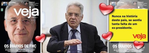 "Nunca na história deste país, se sentiu tanta falta de um ex-presidente". Com esta frase, a revista Veja promoveu sua capa deste fim de semana, dedicada aos "diários de FHC"; saudosismo da Abril parece não levar em conta que, com FHC, o desemprego atingiu níveis recordes, o Brasil viveu um apagão, com o racionamento forçado de energia elétrica, e, sem reservas internacionais, o País caiu três vezes no colo do Fundo Monetário Internacional, o que rendeu ao ex-presidente níveis baixíssimos de aprovação popular; responsável por aquele "paraíso", FHC pontificou em Veja e disse que "Lula está destruindo a própria história"; na mesma entrevista, também afirmou que o caminho preferido do PSDB para o golpe é a cassação da chapa Dilma-Temer pelo TSE, e não o impeachment