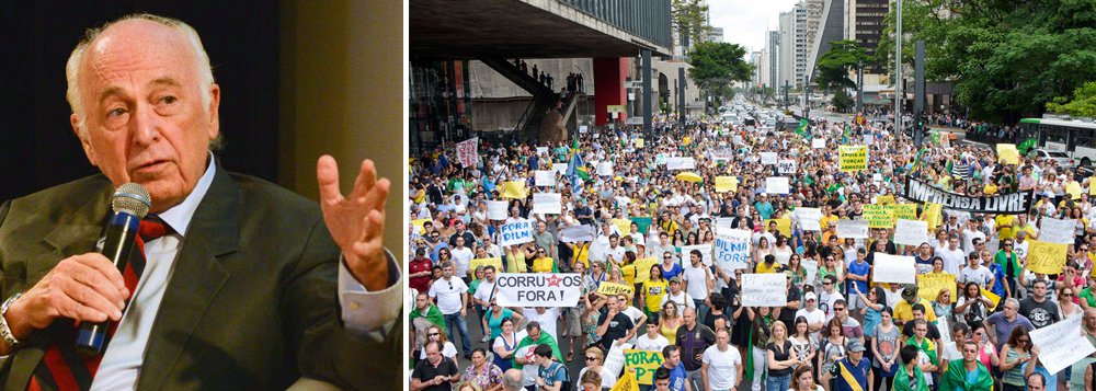 Ex-ministro diz que classe média brasileira desenvolveu "ódio profundo ao PT e ao governo. Uma coisa irracional, perigosa e antidemocrática"; Bresser Pereira, que é um dos fundadores do PSDB, disse que não enxerga razões que justifiquem a abertura de um processo de impeachment contra a presidente Dilma Rousseff e que a sua saída "seria um caos danado"; "Nunca vou para a rua, sou um intelectual, mas se houvesse um impeachment com as razões que eles têm aí, pedaladas, TCU, eu iria. Agora, se descobrirem algum crime que a Dilma praticou é outra coisa", afirmou