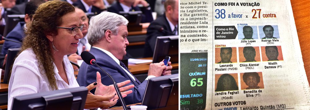 "O jornal O Globo acha que me intimida pondo meu nome na capa e mostrando meu voto. Votei consciente contra o golpe, sim!!", postou Jandira Feghali (PCdoB-RJ) em sua página no Facebook; a deputada teve a foto publicada na capa do jornal nesta terça como uma das integrantes da comissão especial que votou contra o afastamento da presidente Dilma