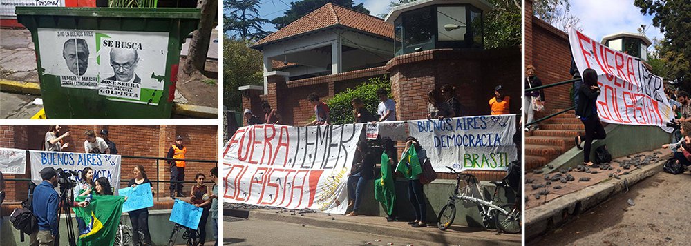 Manifestantes jogaram dezenas de ratos de borracha na calçada e penduraram faixas de "Fuera Temer golpista" no muro de entrada da Quinta de Olivos, residência oficial do presidente argentino, para receber o presidente brasileiro, que aterrisou ao meio-dia na Argentina, onde se reuniu com o presidente Mauricio Macri; encontro de autoridades na Argentina ocorre tradicionalmente na Casa Rosada, mas Temer fugiu do protesto maior, que estava marcado para acontecer na Praça de Maio, em frente à sede presiencial; não é a primeira vez que Temer foi alvo de protestos fora do Brasil; atos também já aconteceram em Nova York, onde ele participou da Assembleia Geral da ONU