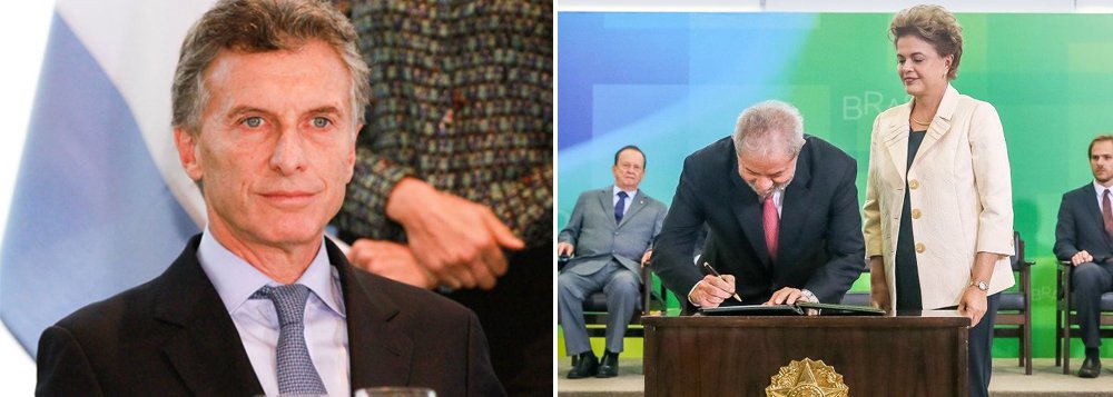 Ícone da nova direita latino-americana, o presidente argentino, Mauricio Macri, fez um posicionamento firme em defesa da legalidade e da democracia no Brasil; Macri disse que a decisão da presidente Dilma Rousseff de nomear Lula como ministro da Casa Civil "é válida", e destacou que Lula fortalece o governo Dilma; "Não cabe a segunda intenção, que não me consta", disse; nessa segunda-feira 21, a chanceler do governo argentino, Susana Malcorra, alertou que o Mercosul pode suspender o Brasil caso o impeachment passe