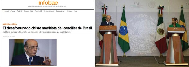 A declaração machista e misógina do ministro interino de Relações Exteriores, José Serra (PSDB), no México, causou indignação internacional; com o título de "A infeliz piada sexista do ministro das Relações Exteriores do Brasil", o jornal argentino Infobae, um dos maiores da América Latina, disse que Serra faz uma observação sobre senadores locais que "causou indignação"; "O governo interino de Michel Temer recebeu uma chuva de críticas por não ter nomeado qualquer mulher em seu gabinete. O impasse 'macho' parecia esquecido, mas na segunda-feira o ministro do Exterior José Serra não poderia deixar de fazer uma piada em sua homóloga mexicana sobre o "perigo" que representa o seu país por ter tantas mulheres na política", disse o veículo; leia íntegra da reportagem