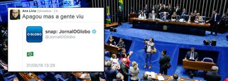 Conta do jornal O Globo no Twitter comemorou o resultado da votação que afastou Dilma Rousseff da Presidência da República e efetivou o vice Michel Temer à frente do Executivo Federal; momentos após a votação dos senadores, o jornal da família Marinho postou uma bandeira do Brasil em alusão ao resultado; poucos segundos depois, o tuíte foi apagado
