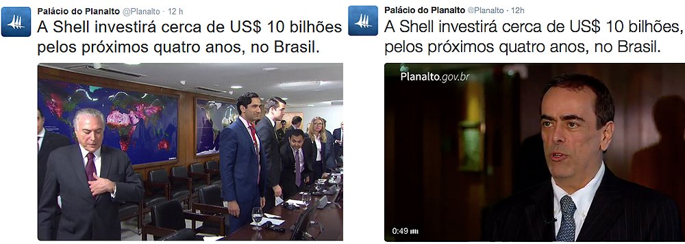 Após conseguir aprovar as mudanças que encolhem a Petrobras no pré-sal e escancaram o petróleo brasileiro ao capital estrangeiro, o governo de Michel Temer já usa os canais oficiais para fazer propaganda da Shell; o perfil oficial do Planalto no Twitter divulgou uma mensagem destacando os investimentos que serão feitos pela multinacional