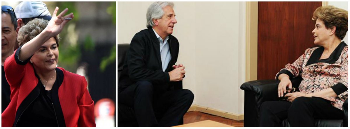 O presidente do Uruguai, Tabaré Vázquez, recebeu neste sábado a ex-presidente Dilma Rousseff no Escritório Presidencial de Suárez, em Montevidéu; Dilma participou de eventos no país, onde recebeu homenagem e discursou contra "retrocessos" promovidos pelo governo Temer; Vázquez sempre se posicionou contra o golpe parlamentar do Brasil