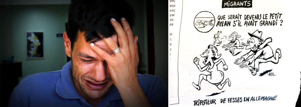 O pai do garoto Aylan, que se tornou símbolo da tragédia dos refugiados sírios, disse que chorou ao de ver a charge da revista satírica francesa 'Charlie Hebdo' nesta semana; "Quando vi a charge, chorei. Minha família ainda está abalada", disse Abdullah Kurdi; charge mostra um homem correndo atrás de uma mulher sob o seguinte título: 'Migrantes: no que teria se transformado o pequeno Aylan se tivesse crescido?'; o próprio editor responde: 'apalpador de bundas na Alemanha'