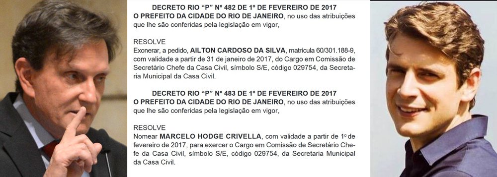 
O prefeito do Rio, Marcelo Crivella (PRB), nomeou seu filho - Marcelo Hodge Crivella - para assumir a Secretaria Municipal da Casa Civil; a nomeação saiu no Diário Oficial desta quinta-feira (2), mas tem validade desde quarta-feira (1º); Crivella já tinha feito outras nomeações polêmicas, como a do bispo Jorge Braz de Oliveira, da Igreja Universal, para o Instituto Municipal de Proteção e Defesa do Consumidor, o Procon carioca; na campanha, o prefeito disse que não iria nomear membros da igreja; Crivella é sobrinho de Edir Macedo, fundador de Igreja Universal do Reino de Deus
