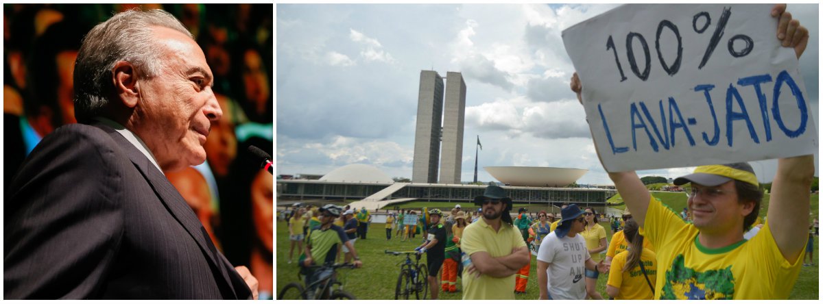 "Poderia ser diferente em atos de convocação de pauta alienada, que não interage com a maioria da população?", questiona o senador Lindbergh Farias (PT-RJ); "O país passa pela maior crise econômica da história e não existe uma reivindicação econômica nas manifestações deste domingo. O bordão 'é a economia, estúpido' jamais esteve tão atual: o desemprego grassa, a pauta do governo é a retirada de direitos em ataques sucessivos e as manifestações de hoje simplesmente viraram as costas pra isso; um brado etéreo contra a corrupção, a sacralização do Poder Judiciário, a romantização de um 'justiceiro' guardando, ao mesmo tempo, a devida blindagem ao governo Temer, que derrete a olhos vistos"