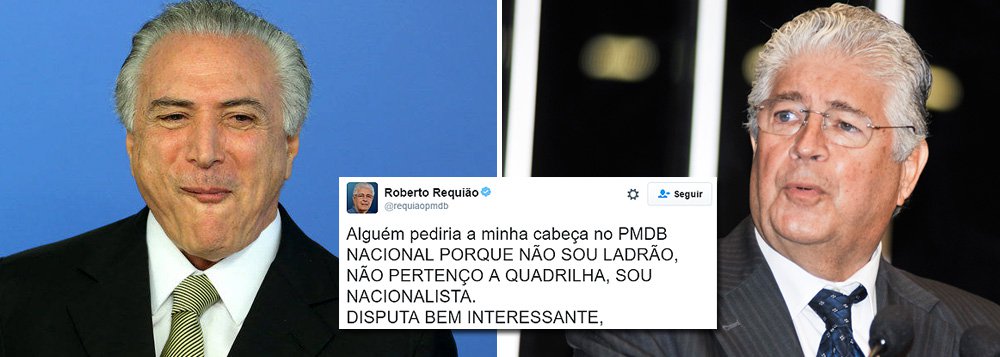 O senador Roberto Requião (PMDB-PR) foi ao ataque ante a ameaça da cúpula nacional de expulsá-lo do partido devido às críticas dele contra o impeachment de Dilma Rousseff e em defesa da legalidade democrática; “Sugiro aqueles que pedem minha cabeça no PMDB que se apresentem voluntariamente em uma penitenciária para cumprir a pena que merecem”, fuzilou o parlamentar