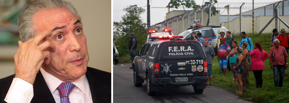 "Mantendo sua tradição de se manter na sombras, Michel Temer se esconde no momento em que o Brasil vira notícia, mais uma vez, pelos piores motivos", diz Kiko Nogueira, do DCM, ao comentar a carnificina de Manaus; "Cármen Lúcia vai à capital do Amazonas. Até o papa se manifestou. Michel faz de conta que não é com ele"