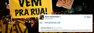 Glenn Greenwald usou o Twitter para provocar o Vem Pra Rua; ao compartilhar a delação de Sérgio Machado envolvendo o presidente interino Michel Temer em suposto caso de propina, o jornalista marcou o grupo, como se cobrasse uma ação do movimento que defende o impeachment de Dilma Rousseff