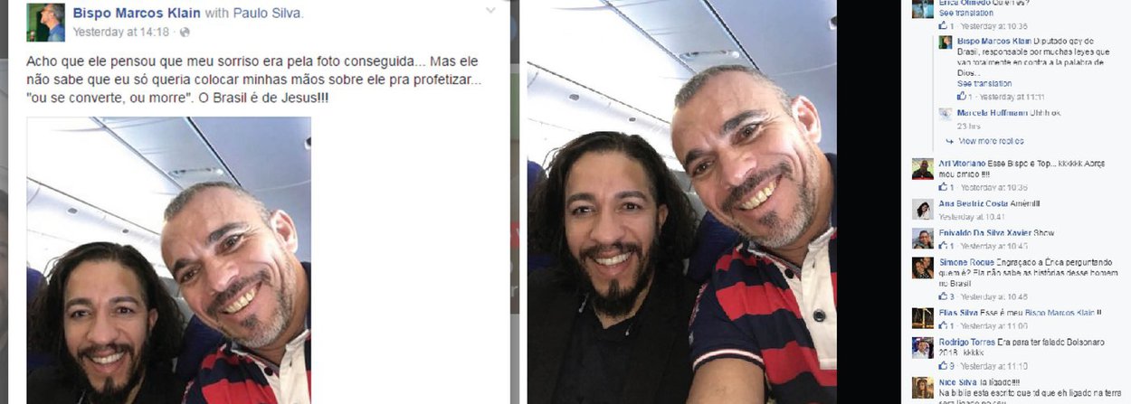 Bispo da Comunidade Bíblica da Graça, Marcos Klein, postou no Facebook uma foto onde aparece sorridente ao lado do deputado Jean Wyllys (PSOL-RJ) e escreveu: "Acho que ele pensou que meu sorriso era pela foto conseguida... Mas eu só queria colocar minhas mãos sobre ele pra profetizar 'ou se converte, ou morre. O Brasil é de Jesus!!!'"; mensagem foi apagada após repercussão nas redes sociais