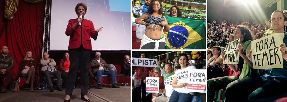 A presidente eleita Dilma Rousseff afirmou, nesta segunda (8), durante o "Circo da Democracia", em Curitiba, que não se surpreende com a proibição dos protestos contra o "Fora Temer" nas Olimpíadas do Rio, segundo ela, calar a população é uma das características dos golpes; "Não surpreende que tenham prendido pessoas que pedem o 'Fora Temer'. Começam a tentar impedir que as pessoas identifiquem o golpe como golpe. Estabelecem que é proibido falar em certos lugares, como ocorreu no Maracanã", disse; no ato, a presidente voltou a defender a realização de um plebiscito sobre antecipação das eleições, mas disse que tal medida só pode ser tomada por ela ao retomar o exercício do mandato