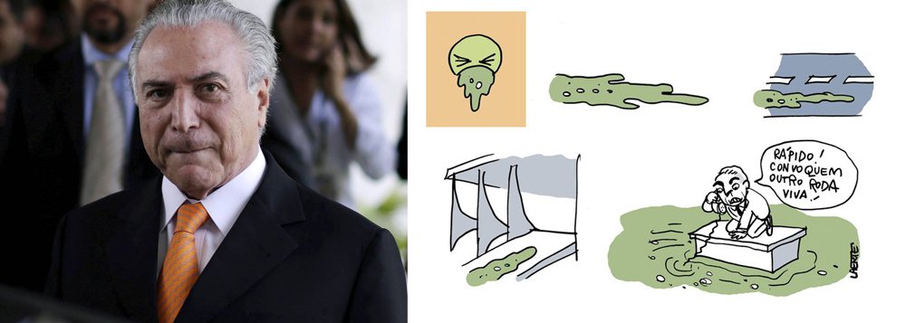 A cartunista Laerte Coutinho divulgou uma lustração sobre a reação do presidente aos protestos virtuais com imagens de vômito nas redes sociais do Planalto; diante da situação, pede a convocação de um novo Roda Viva
