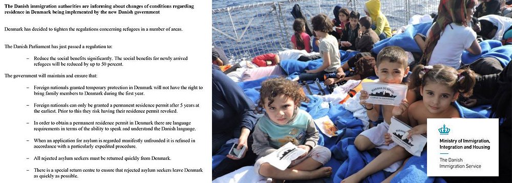 “A Dinamarca decidiu endurecer as regras que são aplicadas aos refugiados”, diz a campanha publicada por três diários em língua árabe e um em inglês; os anúncios também informam que os apoios sociais para os novos migrantes foram reduzidos “até 50%” e que o reagrupamento familiar não é autorizado durante o primeiro ano para os titulares de uma autorização de residência temporária; o comunicado alerta ainda que, para ficar na Dinamarca, é preciso falar e compreender dinamarquês e que os que não tiverem autorização serão repatriados
