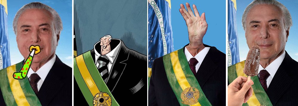 Michel Temer virou alvo de piadas desde que o Palácio do Planalto divulgou sua foto oficial como presidente da República; versão chegou ao público com vários defeitos perceptíveis e os internautas logo chamaram a atenção para o mau uso do programa "Photoshop"; registro foi feito pelo fotógrafo Orlando Brito no Palácio Jaburu, onde Temer ainda mora; apesar do caráter formal que a assessoria dele tentou passar, as redes sociais não perdoaram e fizeram diversas montagens curiosas com a imagem; confira a seleção feita pelo blog Segunda Tela