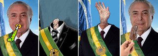Michel Temer virou alvo de piadas desde que o Palácio do Planalto divulgou sua foto oficial como presidente da República; versão chegou ao público com vários defeitos perceptíveis e os internautas logo chamaram a atenção para o mau uso do programa "Photoshop"; registro foi feito pelo fotógrafo Orlando Brito no Palácio Jaburu, onde Temer ainda mora; apesar do caráter formal que a assessoria dele tentou passar, as redes sociais não perdoaram e fizeram diversas montagens curiosas com a imagem; confira a seleção feita pelo blog Segunda Tela