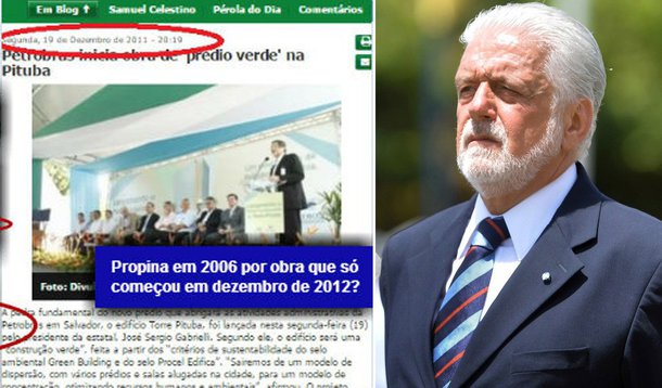 Para o jornalista Fernando Brito, não tem fundamento a acusação de Nestor Cerveró, "vazada ilegalmente para o Estadão", de que parte de recursos das obras de um edifício da Petrobras em Salvador teriam sido desviados para a campanha de Jaques Wagner ao governo da Bahia em 2006; "A obra começou mais de cinco anos depois da eleição de Wagner ao governo pela primeira vez ao Governo da Bahia e mais de um após sua reeleição. Por mais que eu tente, não consigo atinar como foram feitos pagamentos – que seriam desviados para a campanha – com mais de cinco anos de antecedência!", critica