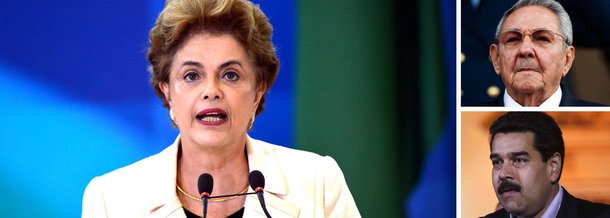 Os governos de Cuba e da Venezuela emitiram nota contra o afastamento da presidente Dilma Rousseff; o Ministério das Relações Exteriores da Venezuela, país presidido por Nicolas Maduro, afirmou que "rechaça categoricamente o golpe parlamentar em curso no Brasil, mediante farsas jurídicas das oligarquias e forças imperialistas, que querem o impeachment da presidente Dilma Rousseff, para substituir a soberania popular, colocando em risco a Constituição e a democracia"; já o governo de Raul Castro afirmou que já "havia denunciado, de maneira reiterada o golpe parlamentar-judicial, disfarçado de legalidade, que está em gestão há meses no Brasil"