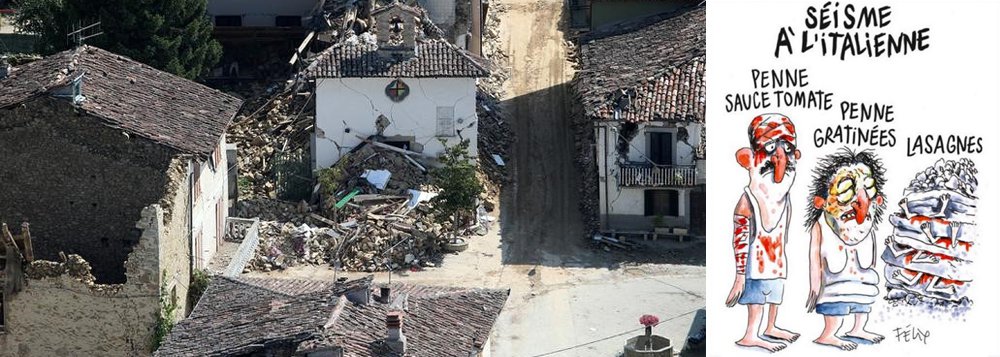  Uma cidade da Itália está cogitando processar o semanário satírico francês Charlie Hebdo devido a uma charge que mostra vítimas de um terremoto como tipos de massa, e por outra que insinua que a máfia tem culpa pelo saldo de mortes de quase 300 pessoas