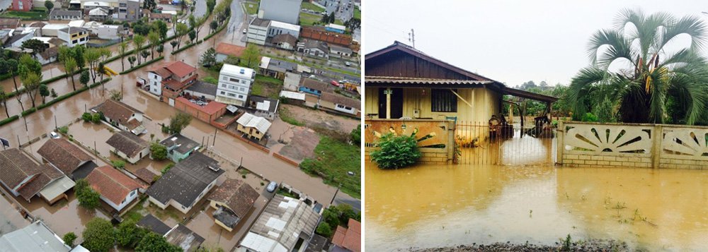 Município mais atingido é Lebon Régis, com 3 mil afetados e uma morte; em Três Barras, o número de pessoas afetadas chegou a 480, com dois bairros alagados; abrigos e outros recursos, como lonas e colchões, estão sendo providenciados para as famílias prejudicadas pela chuva no estado