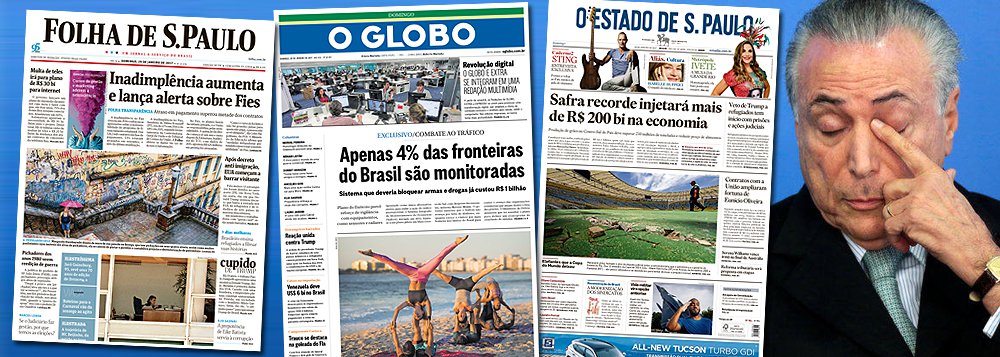 Três principais jornais do País - Folha de S. Paulo, O Globo e Estado de S. Paulo, amanheceram neste domingo, 29, com cara de paisagem em relação ao assunto mais importante do País neste momento: a homologação das delações premiadas dos 77 executivos da Odebrecht, que pode ser feita pela ministra Cármen Lúcia, presidente do Supremo Tribunal Federal, nesta segunda-feira, 30; nenhum dos três jornais que participaram ativamente da derrubada da presidente Dilma Rousseff, dedicou destaque ao assunto; enquanto a mídia finge que não vê a delação da Odebrecht, a ministra Cármen Lúcia trabalha no fim de semana para homologar os acordos; citado em pelo menos quatro delações da Odebrecht, Michel Temer pode não terminar 2017 no Palácio do Planalto