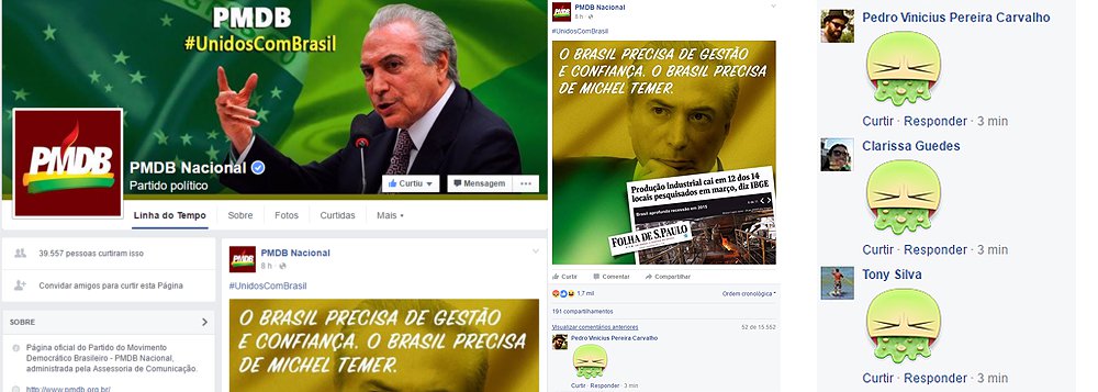 Nesta terça (10/5), milhares de internautas colocaram um emoji de vômito nas postagens do provável próximo chefe do Executivo; um post na página oficial do PMDB no Facebook, que tentava exaltar Michel Temer, também foi bombardeada de vômitos