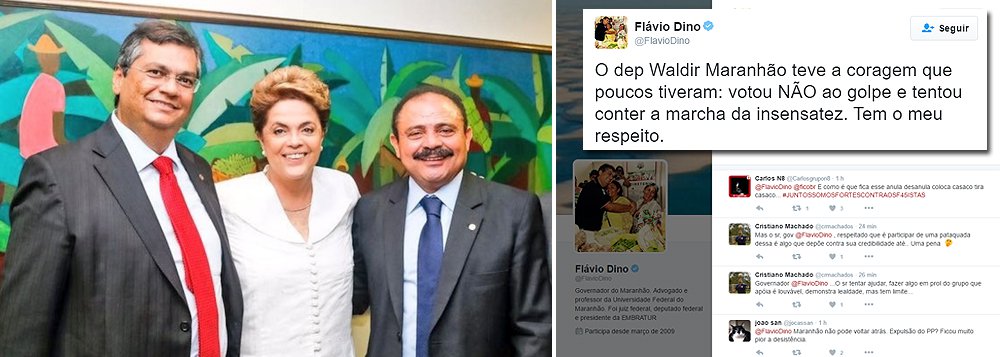 Apontado pela oposição como responsável pela decisão do presidente da Câmara em exercício, Waldir Maranhão (PP-MA), que ontem anulou o impeachment mas depois revogou sua própria decisão, o governador do Maranhão, Flavio Dino (PCdoB) se manifestou pelo Twitter: "Em face da decisão do Senado, Waldir Maranhão revogou sua decisão sobre o recurso da Advocacia Geral da União. Discordo, mas respeito. O deputado teve a coragem que poucos tiveram: votou NÃO ao golpe e tentou conter a marcha da insensatez. Tem o meu respeito. Muito difícil discordar e se manter firme diante dessa onda avassaladora e "consensual". Foi assim em 1964 e está sendo assim novamente", postou Dino; segundo ele, estamos diante de um absurdo político e juridico