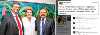 Apontado pela oposição como responsável pela decisão do presidente da Câmara em exercício, Waldir Maranhão (PP-MA), que ontem anulou o impeachment mas depois revogou sua própria decisão, o governador do Maranhão, Flavio Dino (PCdoB) se manifestou pelo Twitter: "Em face da decisão do Senado, Waldir Maranhão revogou sua decisão sobre o recurso da Advocacia Geral da União. Discordo, mas respeito. O deputado teve a coragem que poucos tiveram: votou NÃO ao golpe e tentou conter a marcha da insensatez. Tem o meu respeito. Muito difícil discordar e se manter firme diante dessa onda avassaladora e "consensual". Foi assim em 1964 e está sendo assim novamente", postou Dino; segundo ele, estamos diante de um absurdo político e juridico