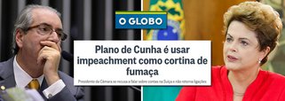 Reportagem do jornalista Chico Gois, publicada no jornal O Globo, revela o caráter grotesco do golpe paraguaio que se trama contra a presidente Rousseff; "O presidente da Câmara tentará usar pedido de impeachment da presidente Dilma como cortina de fumaça, segundo admitem aliados dele (...) Cunha vai dar início à onda do impeachment como forma de se proteger da divulgação do documento na qual constaria sua assinatura como beneficiário dos recursos que estão congelados na Suíça", disse ele; "Está convencido de que, uma vez que o assunto impeachment entre no horizonte, a população brasileira vai voltar toda sua atenção para a situação da presidente. E, para espanto de alguns interlocutores, Cunha acredita plenamente que receberá apoio popular para manter-se no cargo", diz ainda o jornalista