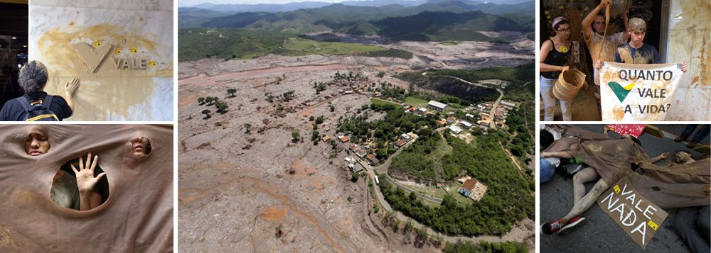 Mais de 100 pessoas iniciaram um protesto, no fim da tarde desta segunda-feira (16), no Centro do Rio, para cobrar punição à Vale por conta da tragédia ambiental na região de Ouro Preto e Mariana, em Minas Gerais; a empresa é acionista majoritária da Samarco, responsável pela barragem que rompeu na cidade mineira; os manifestantes gritavam: "Não foi acidente", como dizia a convocação para o protesto, em evento criado no Facebook; o logo da empresa foi sujo com argila, representando os dejetos de mineração jogados no rio