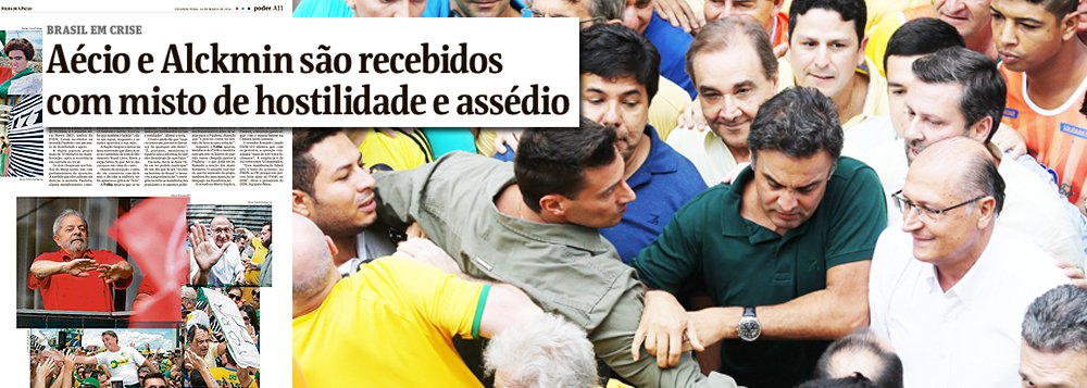 Jornal diz que tucanos Geraldo Alckmin e Aécio Neves foram recebidos na Avenida Paulista neste domingo com um "misto de hostilidade e assédio"; governador e senador, porém, foram na verdade xingados dos nomes mais impronunciáveis, além de "corruptos", e praticamente expulsos do local, de onde saíram em meia hora