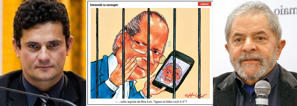 O jornal da família Marinho enviou o recado por meio da charge de Chico Caruso, publicada na primeira página do jornal O Globo; o desenho retrata José Dirceu atrás das grades com um smartphone, a imagem do ex-presidente Lula e o título da famosa canção 'Agora, só falta você', de Rita Lee; internamente, colunista Merval Pereira afirmou que "já é possível perguntar e discutir se Lula vai ser preso"; antes dele, o ex-presidente Fernando Henrique Cardoso disse que, "se Lula merece ser preso, é de se lamentar porque terá jogado fora sua história"; direita busca inviabilizar eventual volta de Lula em 2018, por meio da via judicial