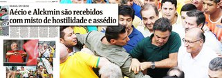 Jornal diz que tucanos Geraldo Alckmin e Aécio Neves foram recebidos na Avenida Paulista neste domingo com um "misto de hostilidade e assédio"; governador e senador, porém, foram na verdade xingados dos nomes mais impronunciáveis, além de "corruptos", e praticamente expulsos do local, de onde saíram em meia hora