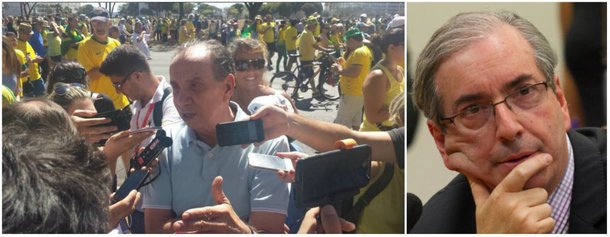 No protesto em Brasília, neste domingo (16), o senador Aloysio Nunes Ferreira (PSDB-SP), que foi candidato a vice-presidente na chapa de Aécio Neves no ano passado, disse que, independentemente do número de manifestantes nas ruas, a rejeição à presidente Dilma Rousseff é "oceânica", mas afirmou que a realização de um impeachment contra a presidente está "sobretudo nas mãos do PMDB, que detém a maior bancada da Câmara dos Deputados"; ele ressaltou que cabe a Eduardo Cunha colocar o assunto em pauta
