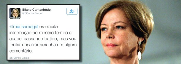 Questionada nas redes sociais por que ignorou em sua participação no programa Em Pauta a menção do doleiro Alberto Youssef a tucanos como Aécio Neves e o ex-presidente do PSDB Sérgio Guerra, durante sua acareação com Paulo Roberto Costa na CPI da Petrobras, a jornalista Eliane Catanhêde saiu-se com esta: "Era muita informação ao mesmo tempo e acabei passando batido, mas vou tentar encaixar amanhã em algum comentário"