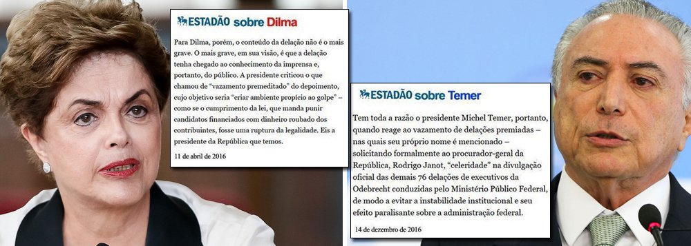 Duas notas do jornalão paulistano tratando de vazamentos de delações, uma sobre Dilma, de abril deste ano, e outra sobre Temer, da última quarta-feira, viram piada na internet; no primeiro caso, o jornal condenou a crítica da ex-presidente ao vazamento das delações; no caso do atual presidente, o jornal diz que Temer "tem razão" ao criticar o vazamento 