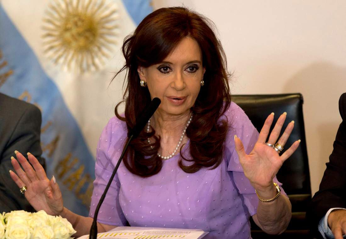 FILE - In this Feb. 11, 2015 file photo, Argentina's President Cristina Fernandez speaks during an event announcing new government projects at the government palace Casa Rosada, in Buenos Aires, Argentina. A federal judge on Thursday, Feb. 26, 2015 dismis