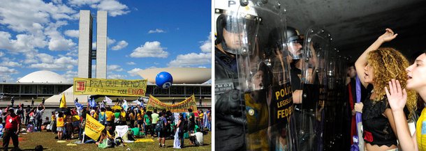 A polícia legislativa usou nesta terça (30) gás de pimenta na tentativa de dispersar manifestantes que queriam entrar na Câmara; segundo os seguranças, os estudantes estavam forçando a entrada com paus e pedras; os estudantes negam que tenham usado violência e dizem que apenas queriam entrar para acompanhar a votação da redução da maioridade penal, que ocorrerá ainda nesta terça; o deputado Jean Wyllys (PSOL-RJ), que estava conversando com o grupo de estudantes, foi atingido e reclamou da postura do que chamou de "homens do Cunha"; "Isso é uma loucura. Isso é culpa de Eduardo Cunha, porque ele não deveria radicalizar desta maneira", afirmou; Cunha disse que só entrará no plenário quem tem senha