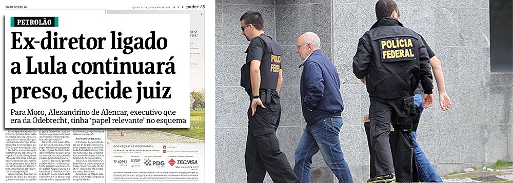 "Ex-diretor ligado a Lula continuará preso, decide juiz", diz a Folha de S. Paulo, em letras garrafais, sobre a conversão da prisão temporária de Alexandrino Alencar, ex-Odebrecht, em preventiva; internamente, não há uma única referência ao ex-presidente Lula; diz-se apenas que Alexandrino é "um dos principais elos da empresa com políticos"; de fato, como ex-diretor de Relações Institucionais da Odebrecht, Alexandrino fazia a ponte entre a construtora e grupos de influência, ou seja, com políticos de todos os partidos, incluindo FHC, e também com meios de comunicação, como a própria Folha; a questão é: por que, na manchete, ele é apresentado como "ligado a Lula"?